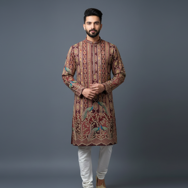 Maroon allover Embroidery Crepe Kurta Set