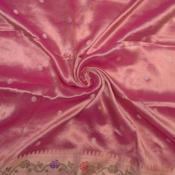 Magenta Orange Brocade Tissue Fabric with Threadwork Embroidery