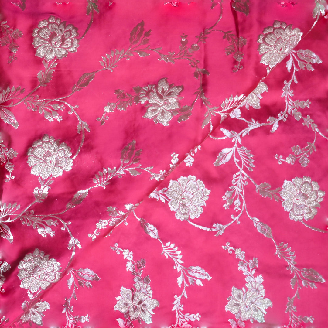 Bright Pink Satin Brocade with allover Floral Embroidery