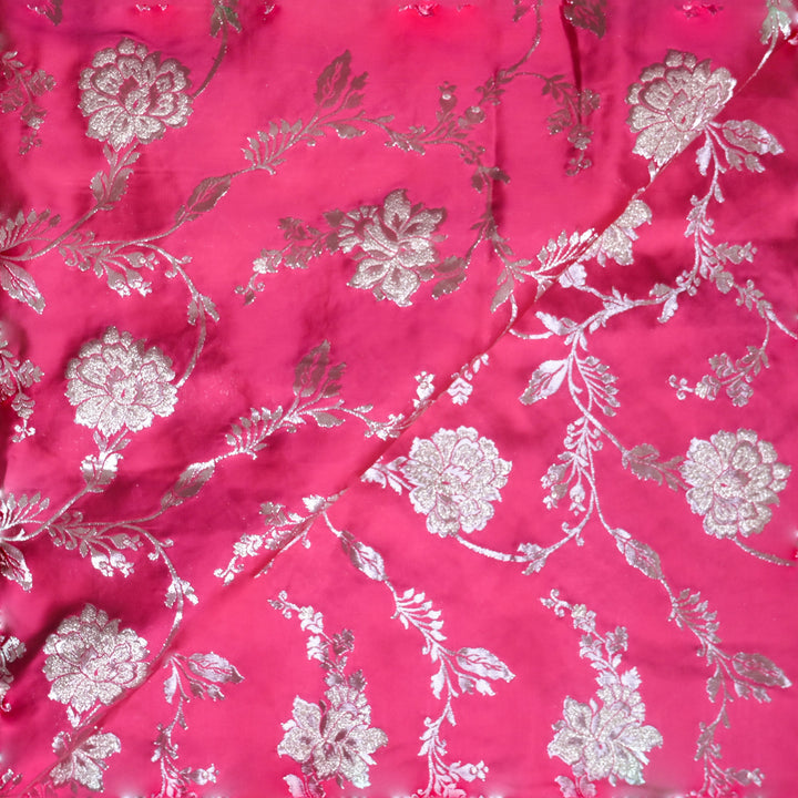 Bright Pink Satin Brocade with allover Floral Embroidery