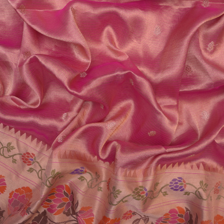 Magenta Orange Brocade Tissue Fabric with Threadwork Embroidery