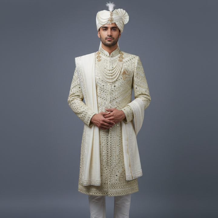 Man wearing a traditional embroidered sherwani with a turban on a gray background