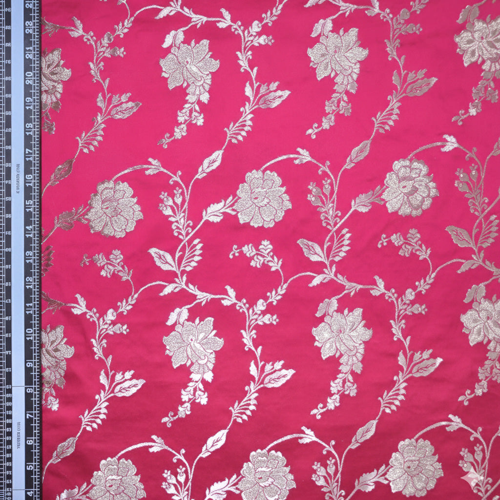 Bright Pink Satin Brocade with allover Floral Embroidery