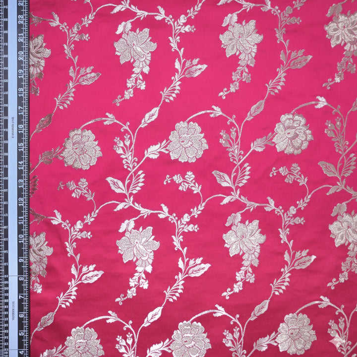 Bright Pink Satin Brocade with allover Floral Embroidery