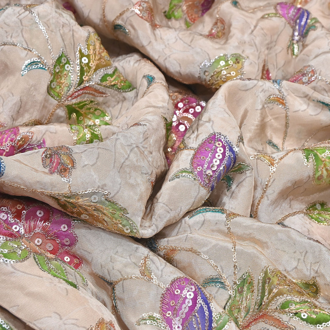 MultiColor Crepe Position Print Fabric with Zari & Sequins Embroidery - 102227-01