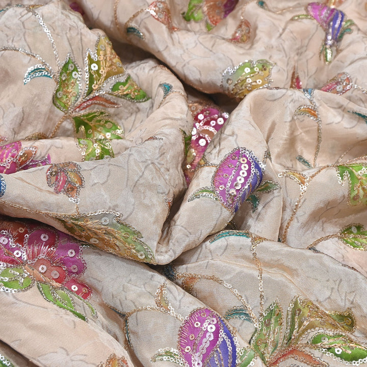 MultiColor Crepe Position Print Fabric with Zari & Sequins Embroidery - 102227-01