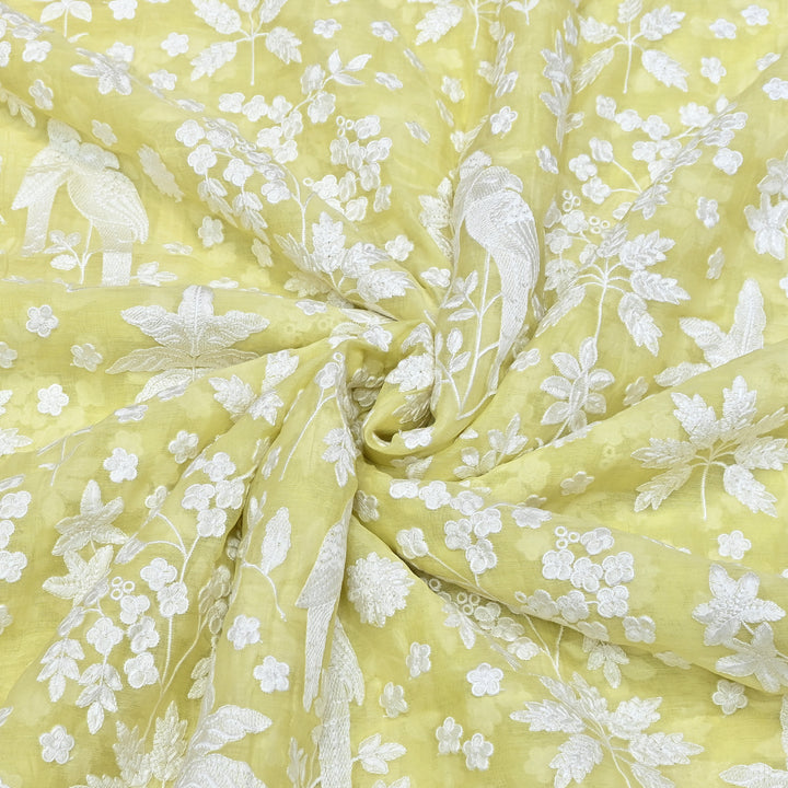 Lemon Yellow Color Mul Chanderi Thread Embroidery Fabric – Soft Lightweight Designer Fabric- SC0R270-1