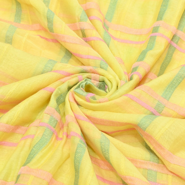Yellow Color Mul Chanderi Thread Embroidery Fabric – Soft Lightweight Designer Fabric-V2189C-5