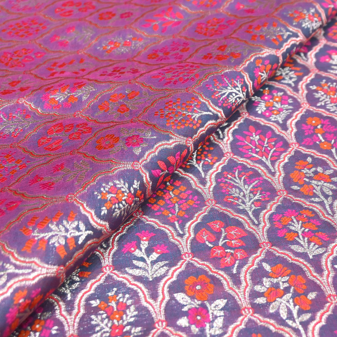 Pink & Purple Shade Satin Mina Zari Brocade Fabric