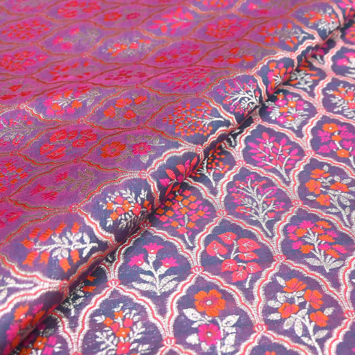 Pink & Purple Shade Satin Mina Zari Brocade Fabric