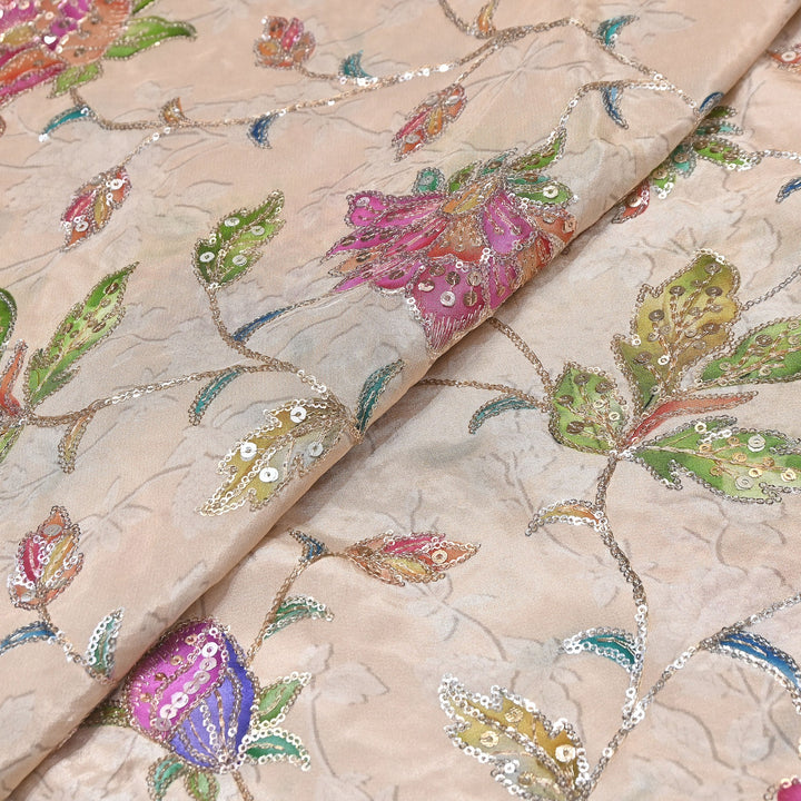 MultiColor Crepe Position Print Fabric with Zari & Sequins Embroidery - 102227-01
