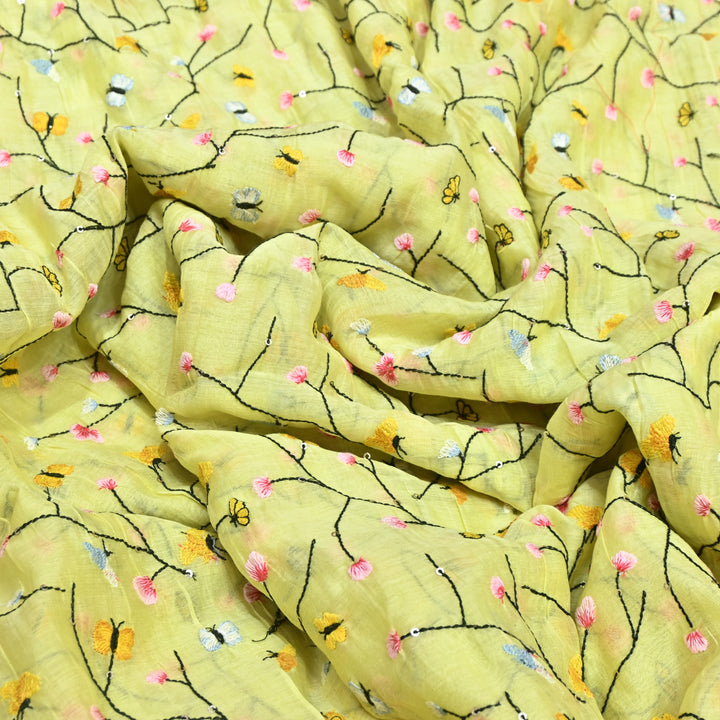 Mal Chanderi Thread Embroidery Fabric – Lightweight Elegant Designer Fabric- V2369C-01