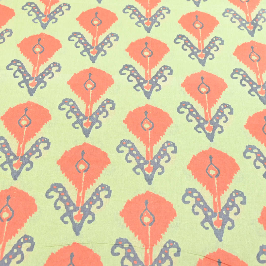 Sage Green Cotton Linen In Red Floral Print