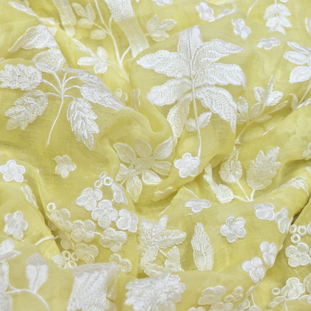 Lemon Yellow Color Mul Chanderi Thread Embroidery Fabric – Soft Lightweight Designer Fabric- SC0R270-1