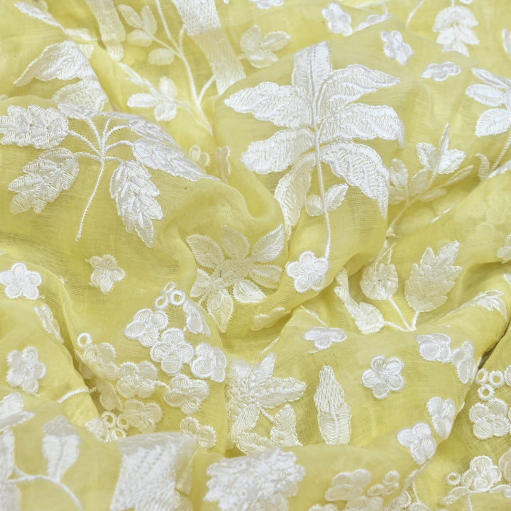 Lemon Yellow Color Mul Chanderi Thread Embroidery Fabric – Soft Lightweight Designer Fabric- SC0R270-1