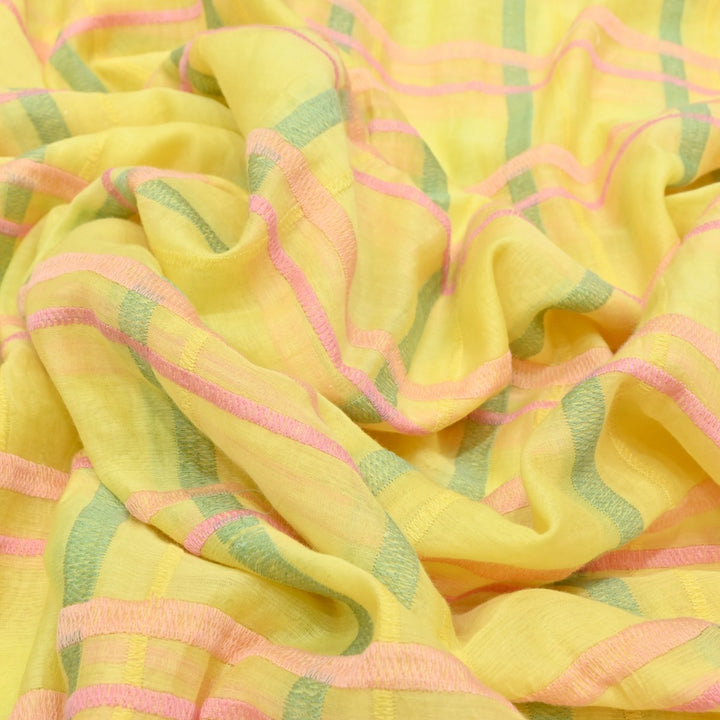 Yellow Color Mul Chanderi Thread Embroidery Fabric – Soft Lightweight Designer Fabric-V2189C-5