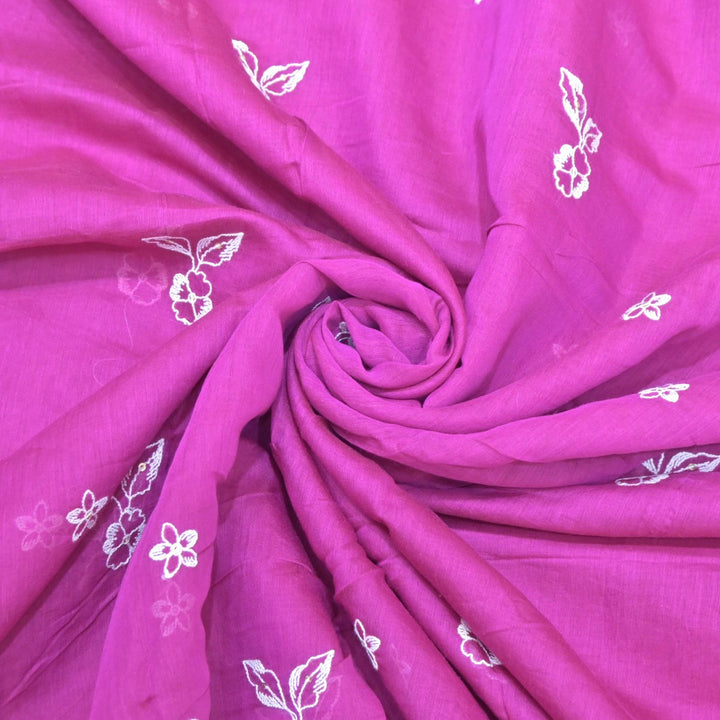 Neon Fuchsia Mul Chanderi Fabric with Threadwork Embroidery