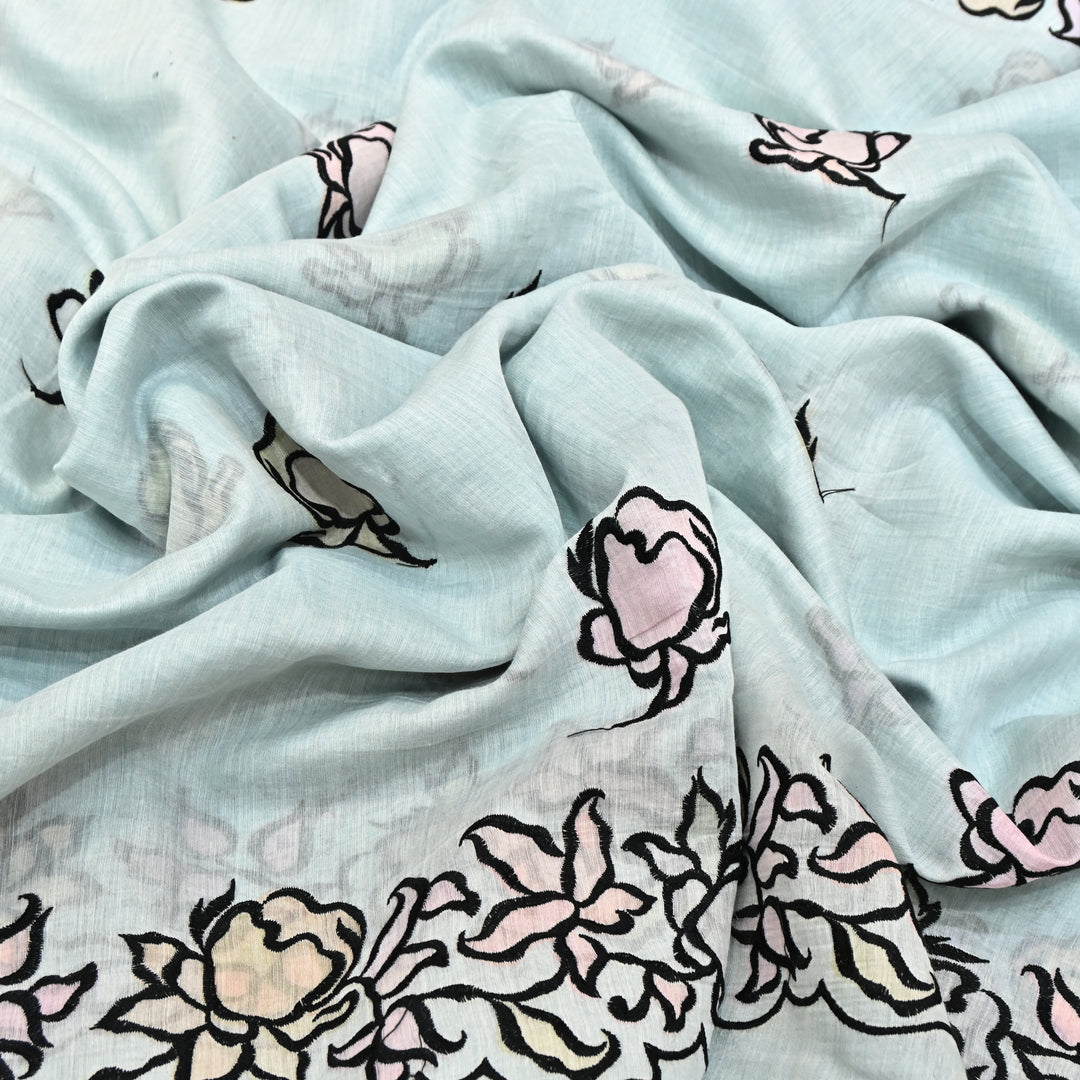 Mul Chanderi Position Print With Thread Embroidery Fabric – Designer Summer Fabric V2434C-3