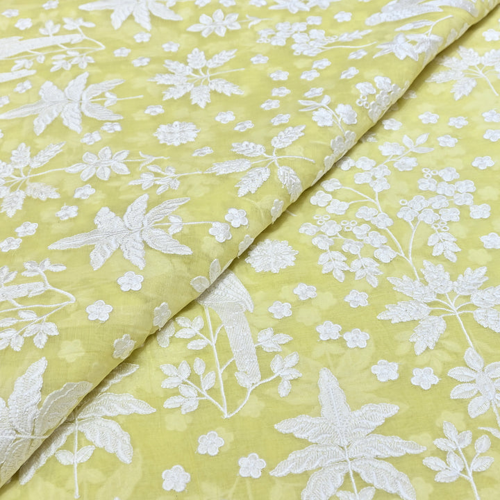 Lemon Yellow Color Mul Chanderi Thread Embroidery Fabric – Soft Lightweight Designer Fabric- SC0R270-1