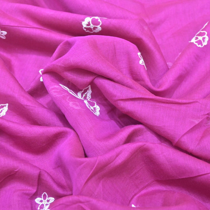 Neon Fuchsia Mul Chanderi Fabric with Threadwork Embroidery