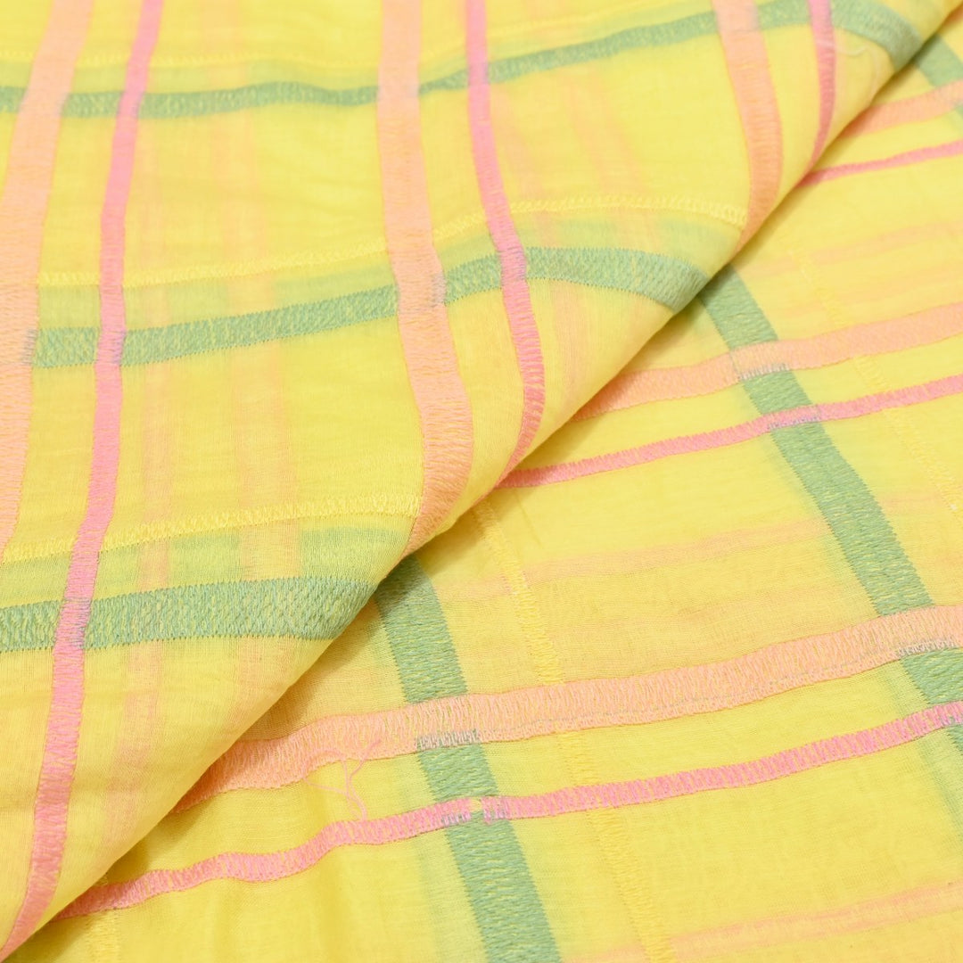 Yellow Color Mul Chanderi Thread Embroidery Fabric – Soft Lightweight Designer Fabric-V2189C-5