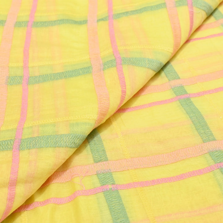 Yellow Color Mul Chanderi Thread Embroidery Fabric – Soft Lightweight Designer Fabric-V2189C-5