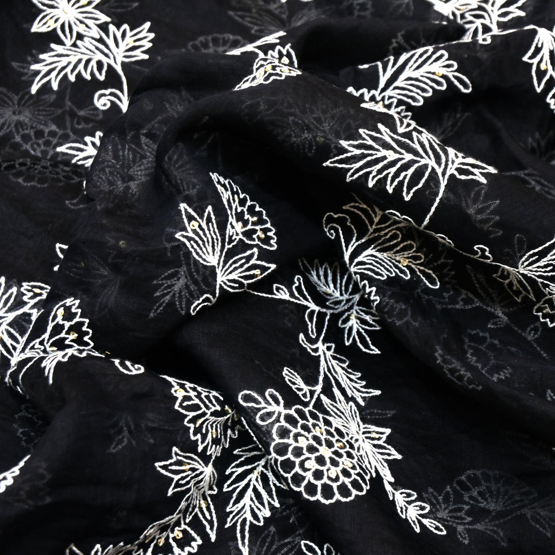 Cotton Chanderi Thread With Sequins Embroidery Fabric
