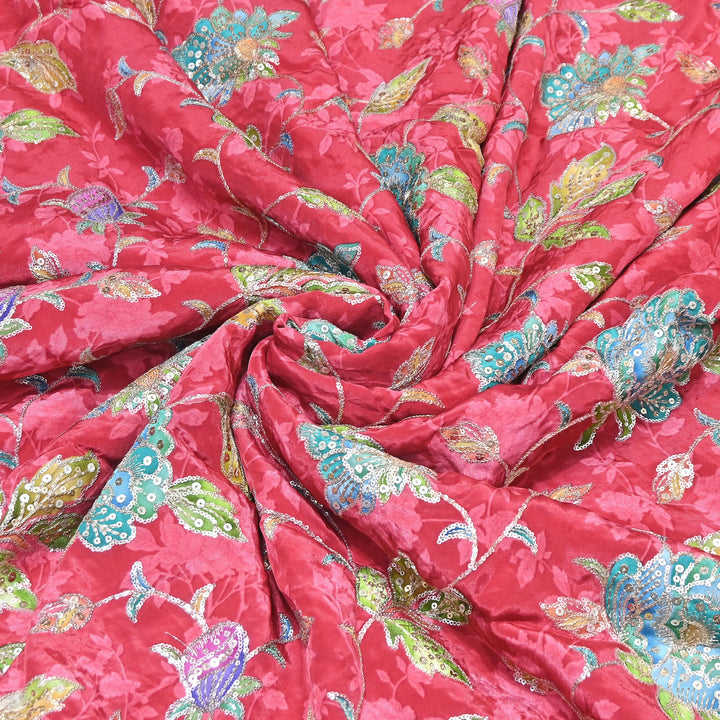 MultiColor Crepe Position Print Fabric with Zari & Sequins Embroidery - 102227-02