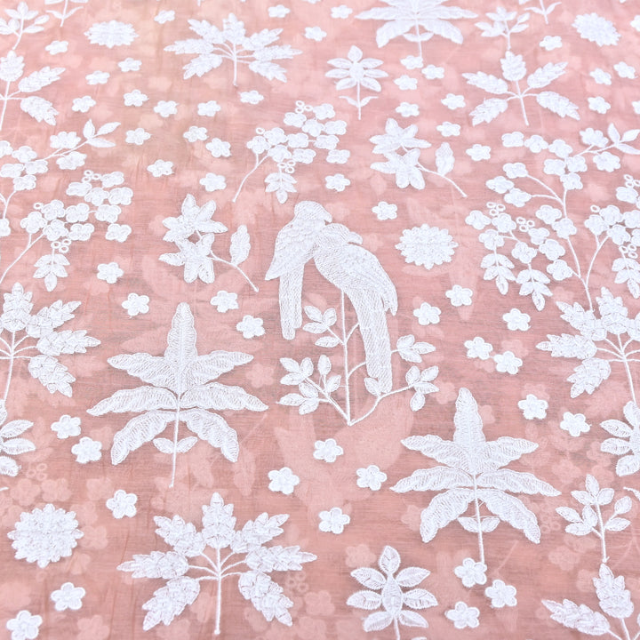 Peach Pink Color Mul Chanderi Thread Embroidery Fabric – Soft Lightweight Designer Fabric- SC0R270-2