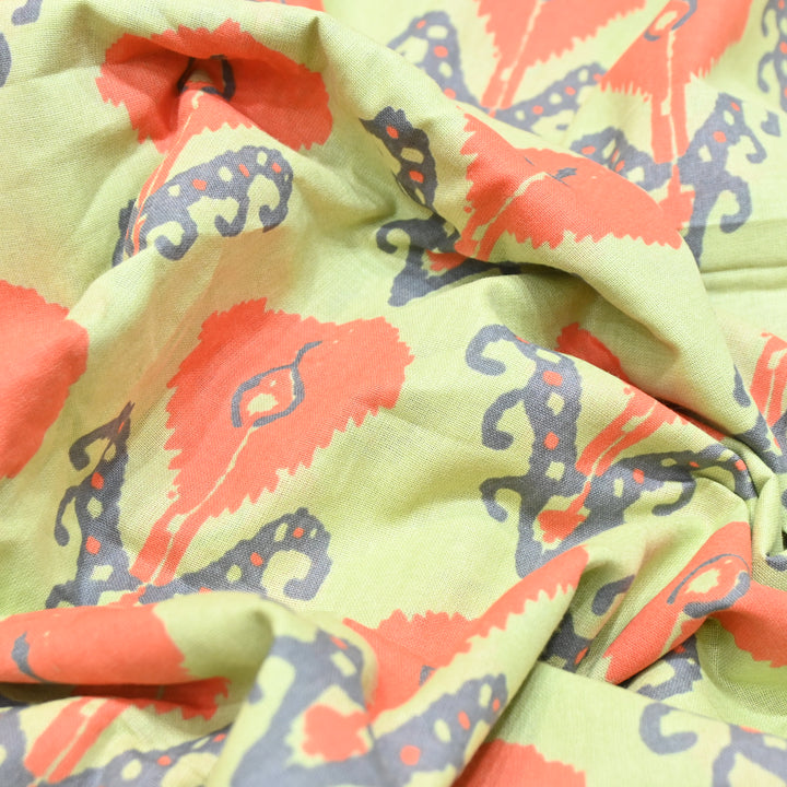 Sage Green Cotton Linen In Red Floral Print