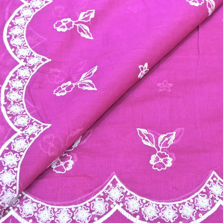 Neon Fuchsia Mul Chanderi Fabric with Threadwork Embroidery