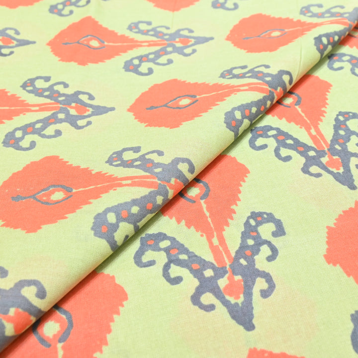 Sage Green Cotton Linen In Red Floral Print