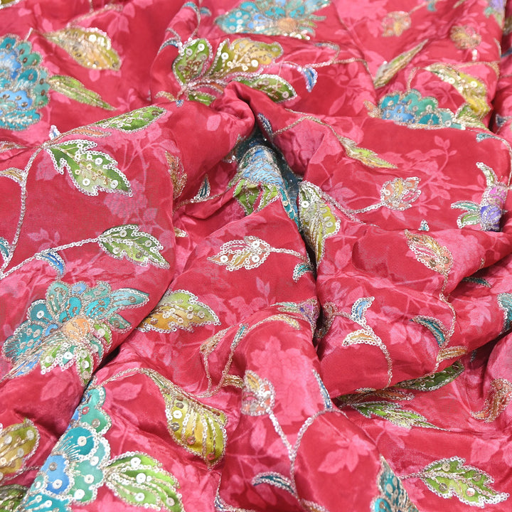MultiColor Crepe Position Print Fabric with Zari & Sequins Embroidery - 102227-02