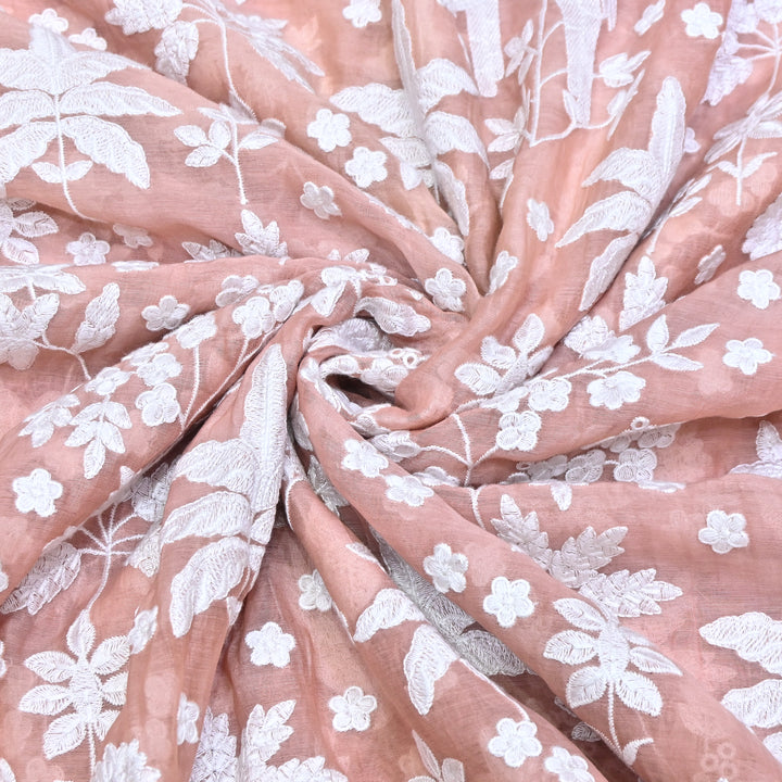 Peach Pink Color Mul Chanderi Thread Embroidery Fabric – Soft Lightweight Designer Fabric- SC0R270-2