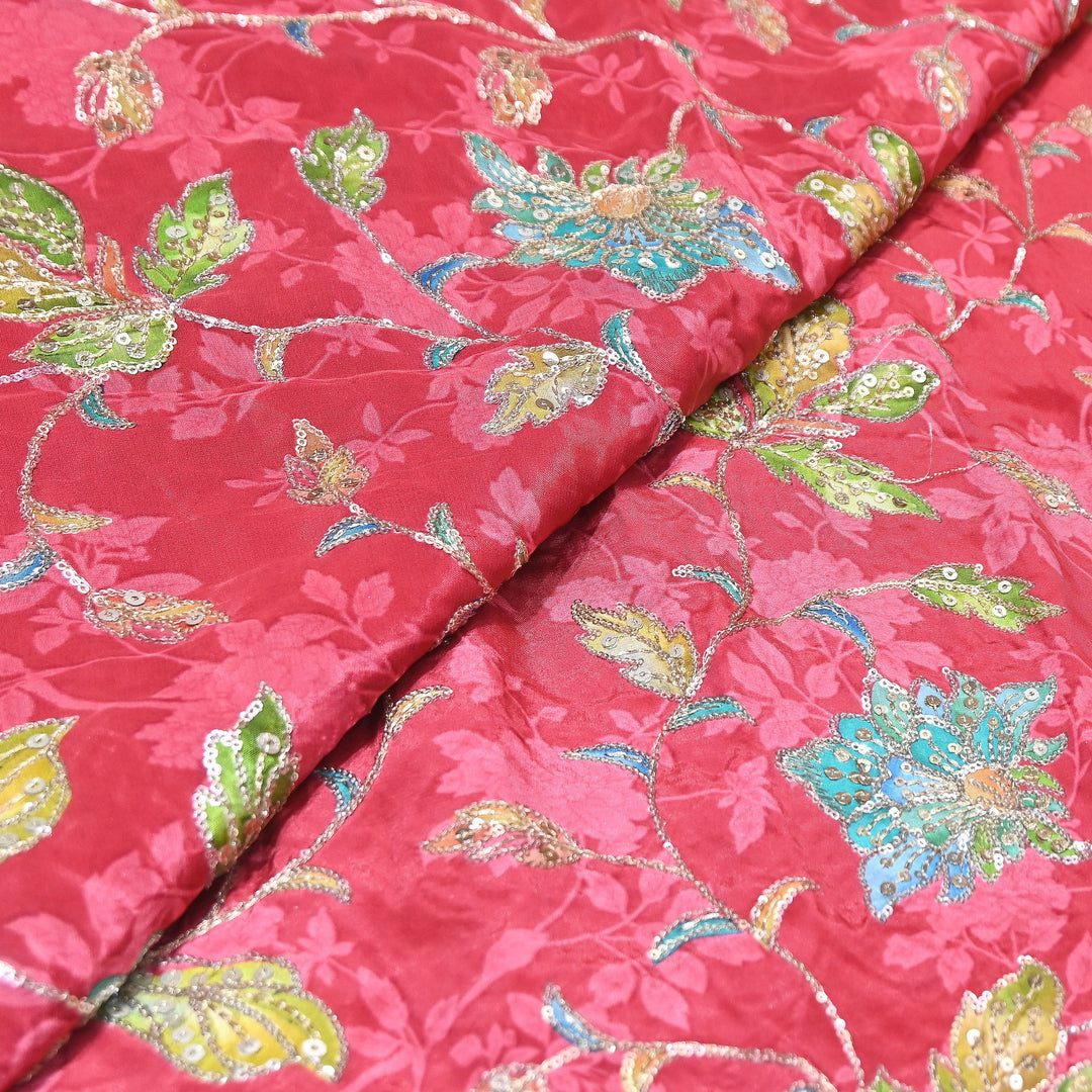 MultiColor Crepe Position Print Fabric with Zari & Sequins Embroidery - 102227-02