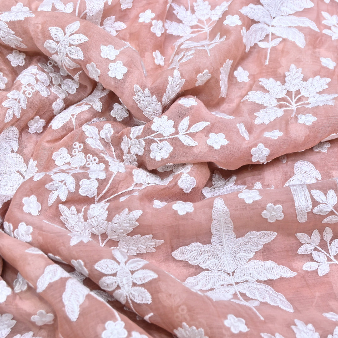 Peach Pink Color Mul Chanderi Thread Embroidery Fabric – Soft Lightweight Designer Fabric- SC0R270-2