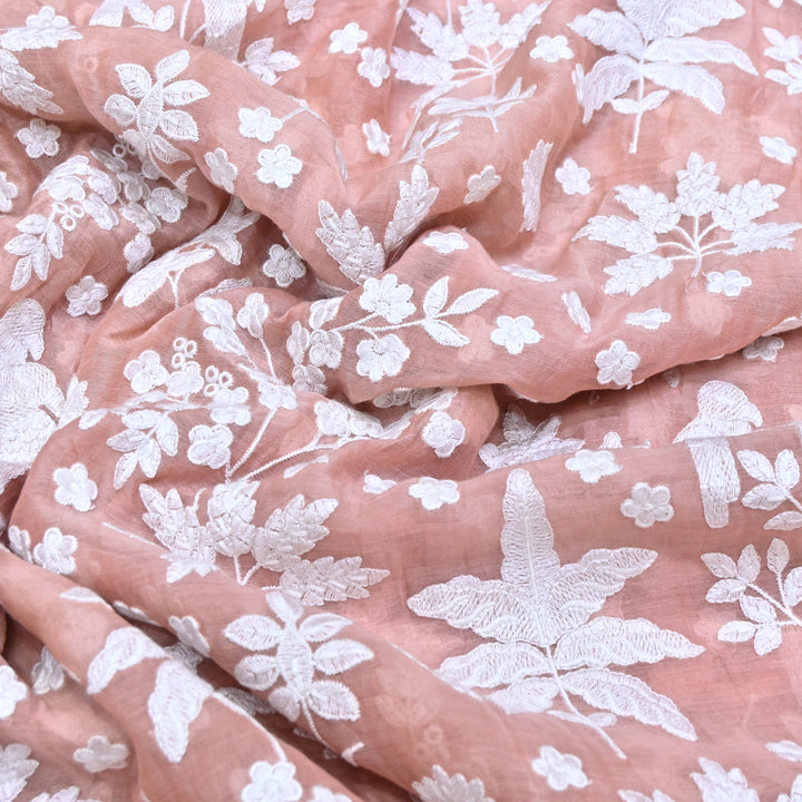 Peach Pink Color Mul Chanderi Thread Embroidery Fabric – Soft Lightweight Designer Fabric- SC0R270-2