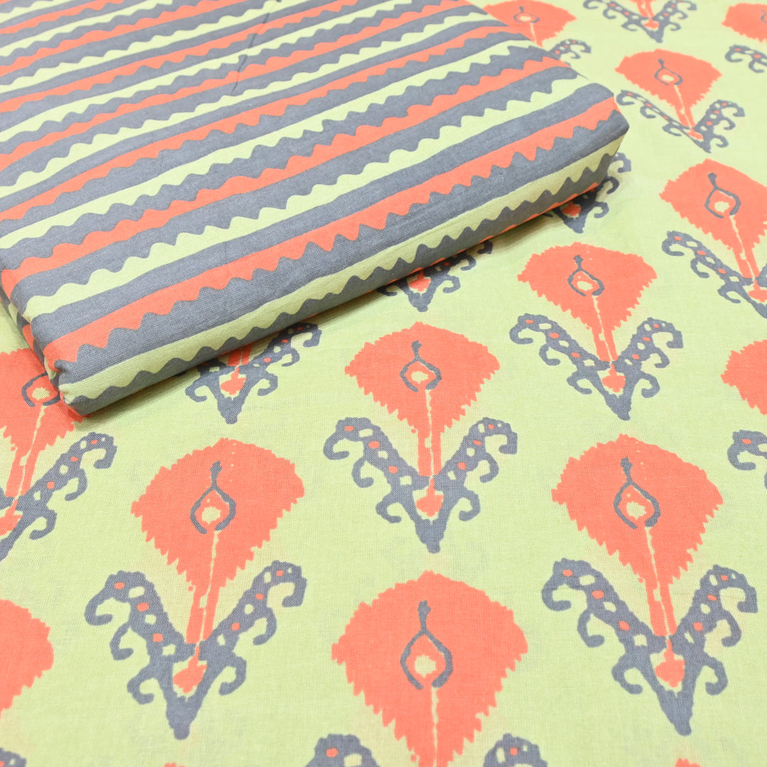 Sage Green Cotton Linen In Red Floral Print