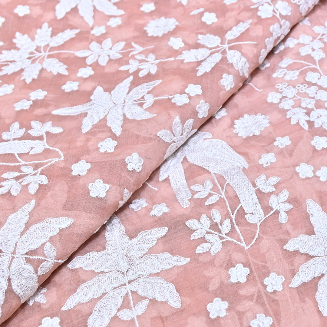 Peach Pink Color Mul Chanderi Thread Embroidery Fabric – Soft Lightweight Designer Fabric- SC0R270-2