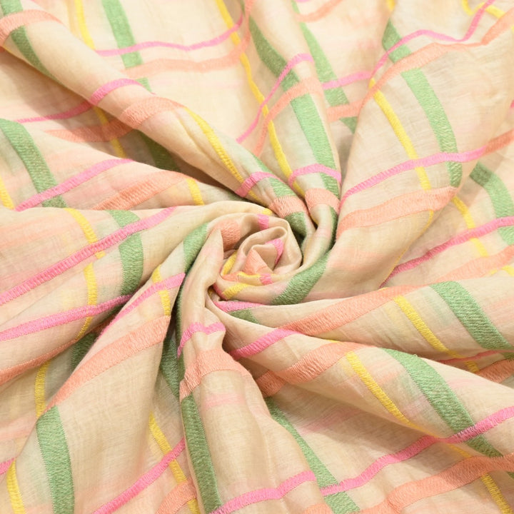 Beige Color Mul Chanderi Thread Embroidery Fabric – Soft Lightweight Designer Fabric-V2189C-6