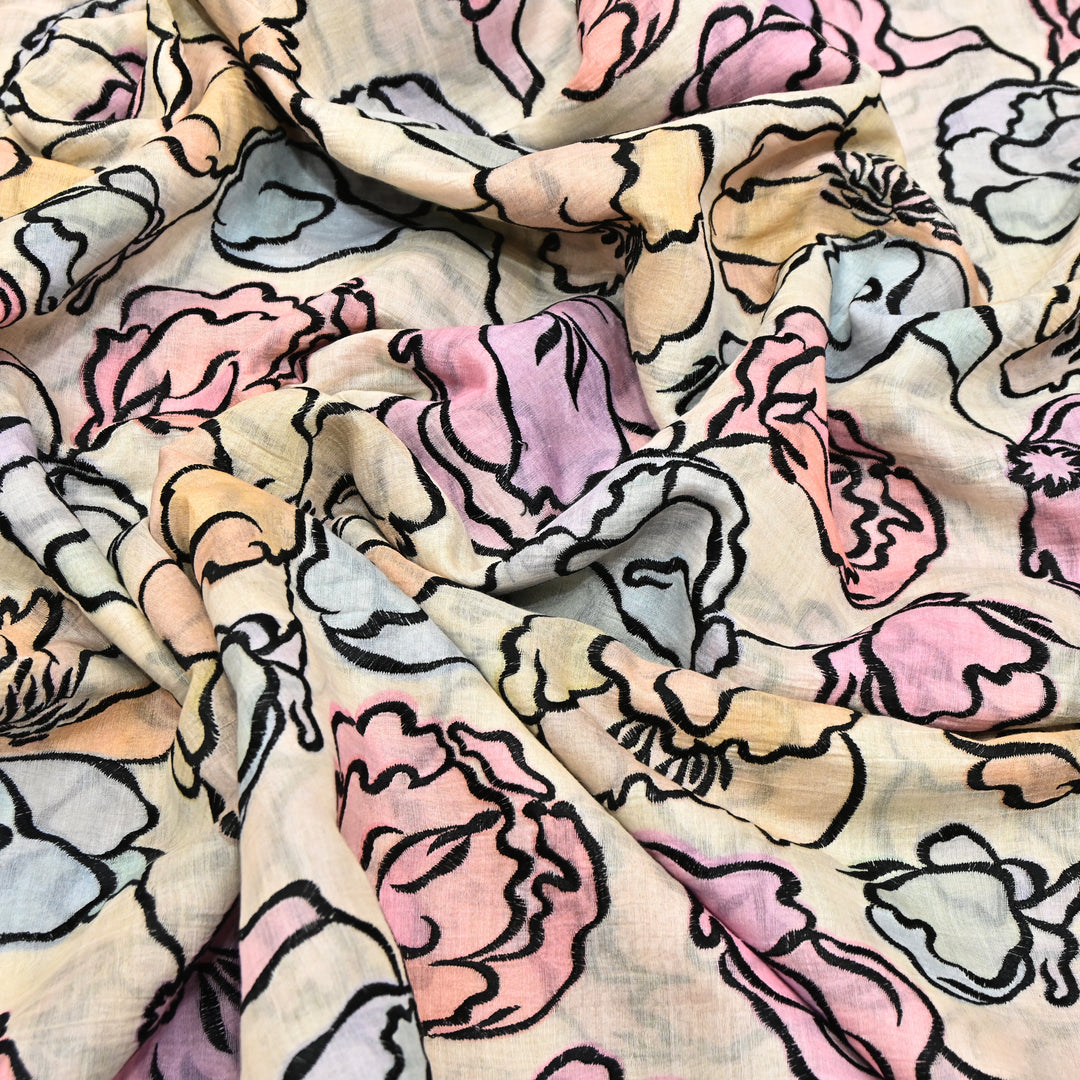 Mul Chanderi Position Print With Thread Embroidery Fabric – Designer Summer Fabric V2290C-4