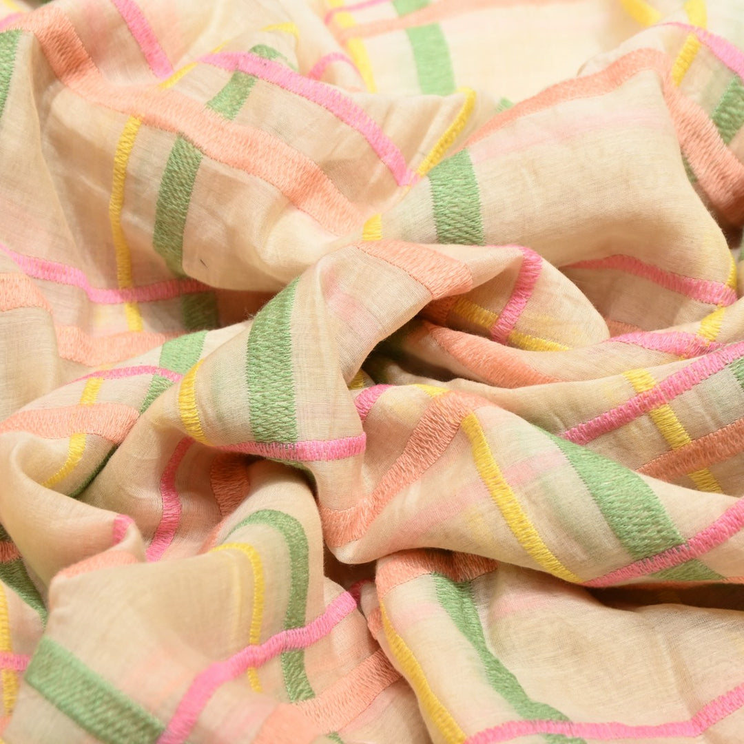 Beige Color Mul Chanderi Thread Embroidery Fabric – Soft Lightweight Designer Fabric-V2189C-6