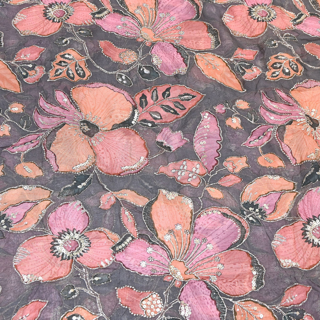 Elegent Viscose Organza Position Print Zari & Sequins Embroidery Fabric – Designer Fabric 00T236-1