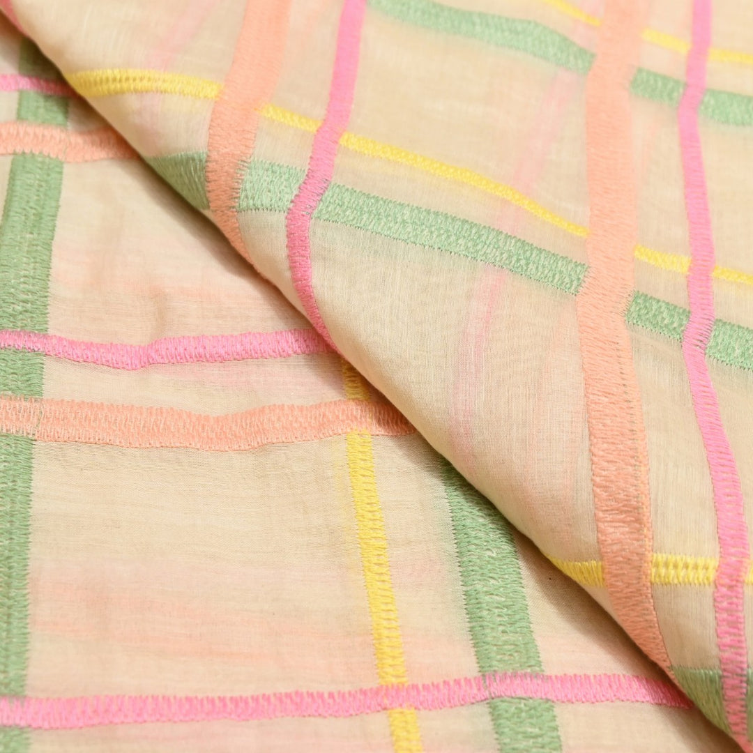 Beige Color Mul Chanderi Thread Embroidery Fabric – Soft Lightweight Designer Fabric-V2189C-6