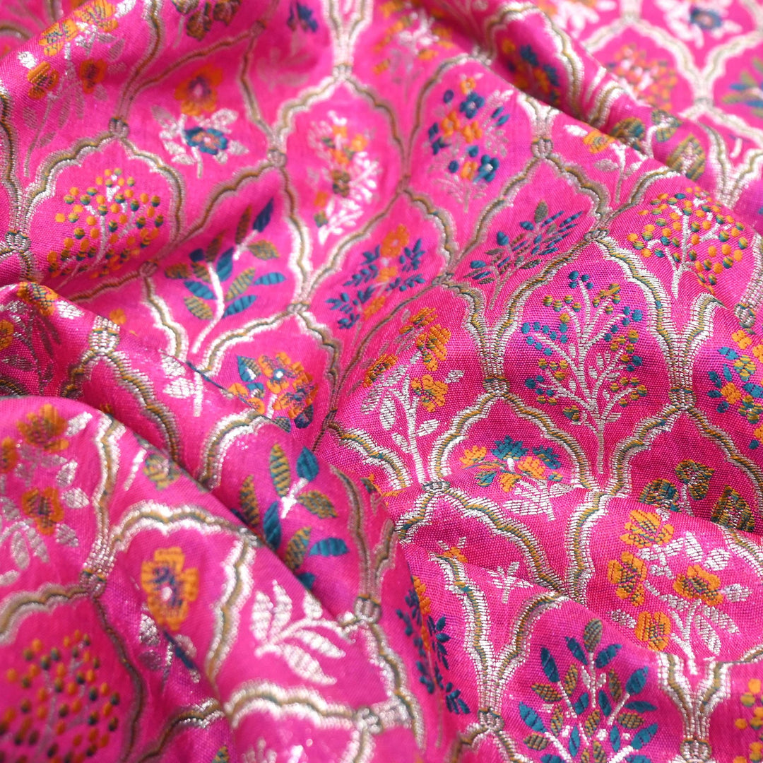 Barbie Pink Satin Mina Zari Brocade Fabric