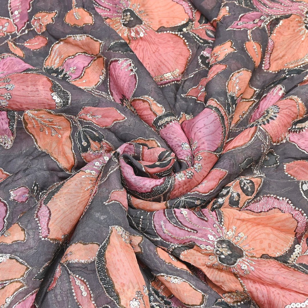Elegent Viscose Organza Position Print Zari & Sequins Embroidery Fabric – Designer Fabric 00T236-1
