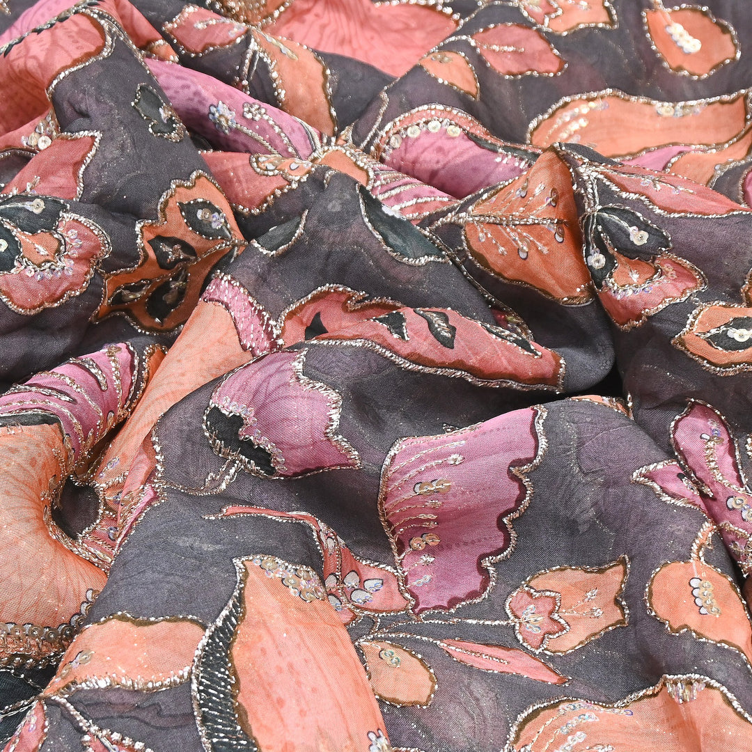 Elegent Viscose Organza Position Print Zari & Sequins Embroidery Fabric – Designer Fabric 00T236-1