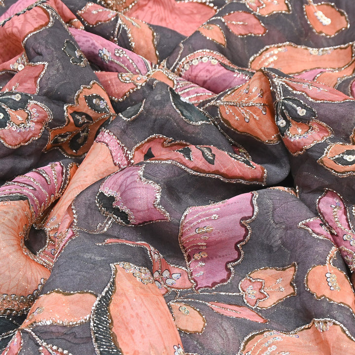 Elegent Viscose Organza Position Print Zari & Sequins Embroidery Fabric – Designer Fabric 00T236-1