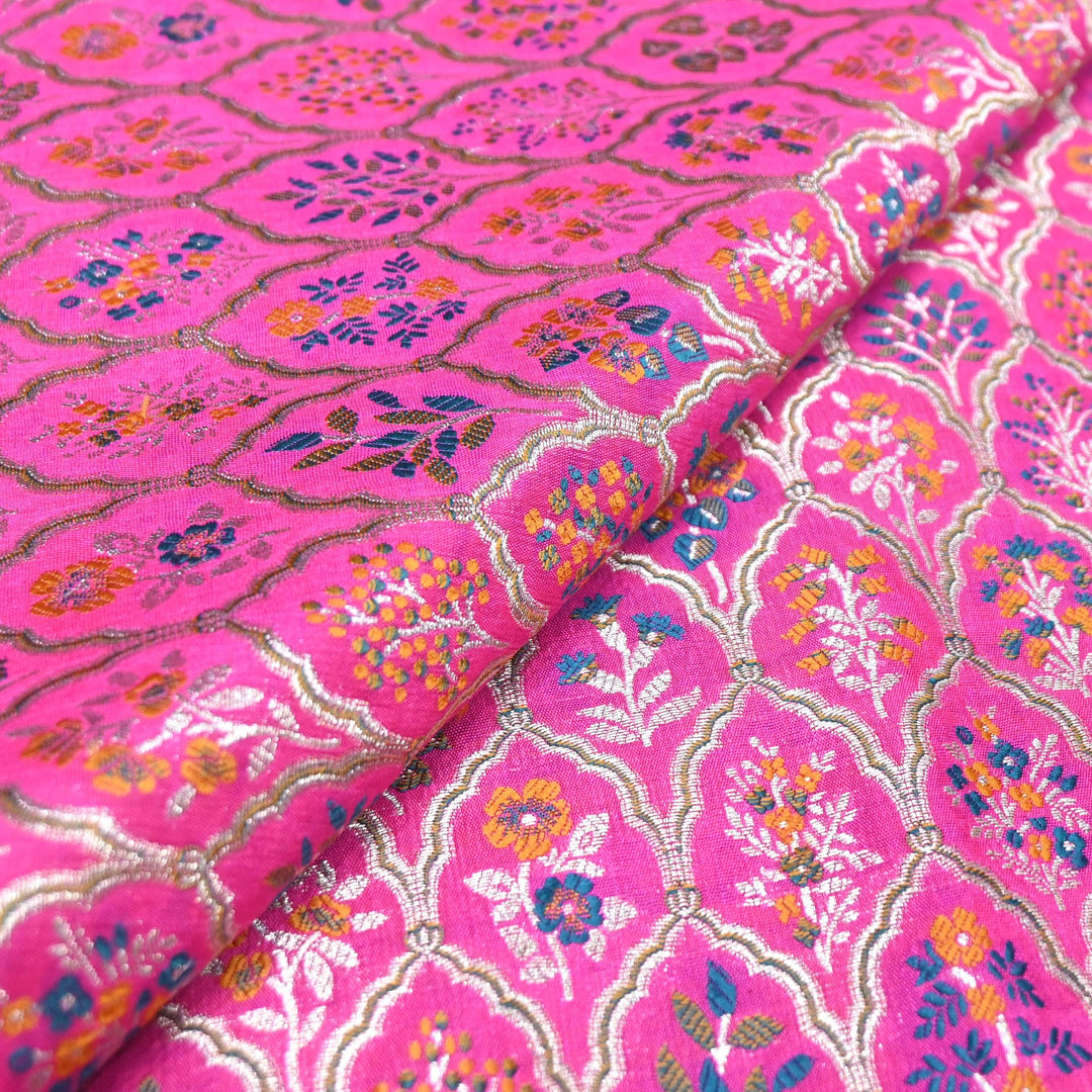 Barbie Pink Satin Mina Zari Brocade Fabric