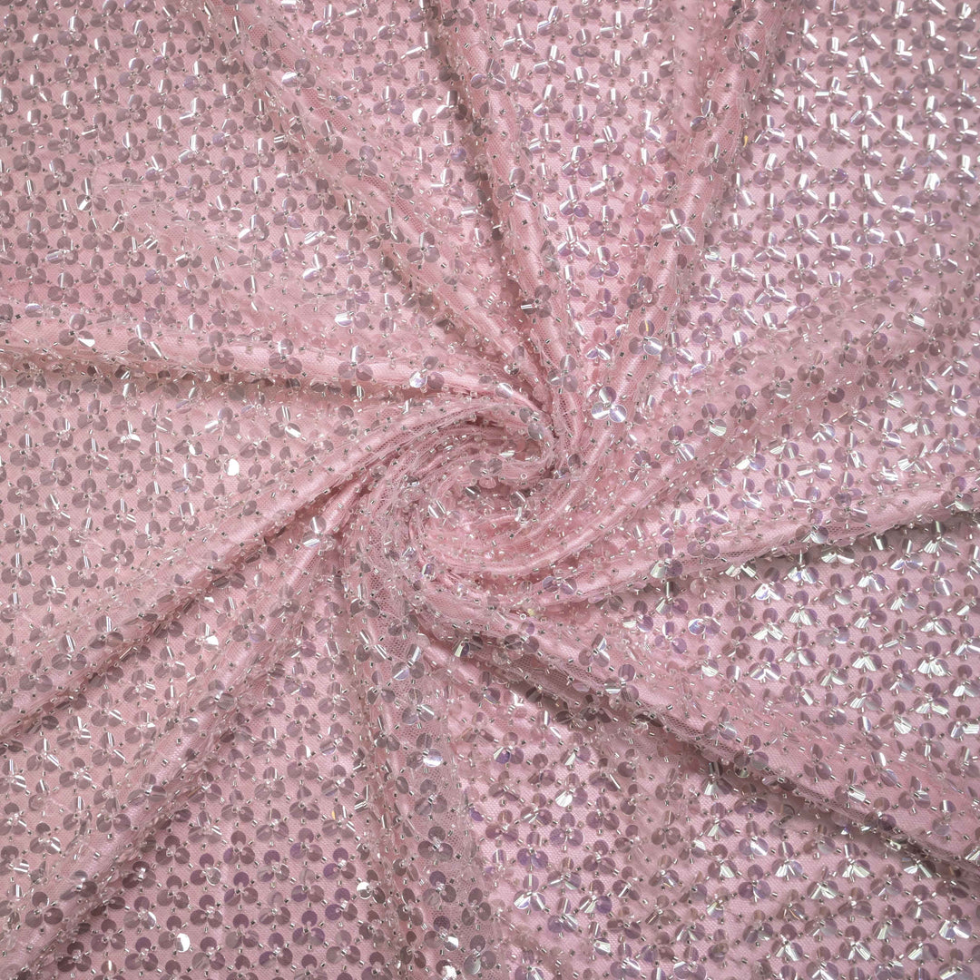 Designer blush pink Net Embroidery Fabric with water Sequins Embroidery.
